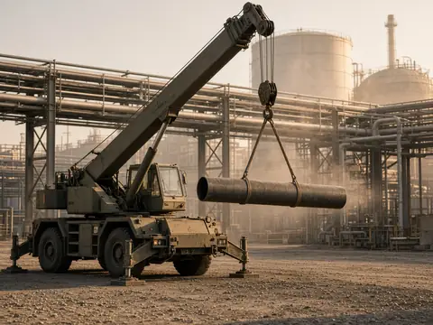 Rough-terrain crane lifting pipe at an industrial plant